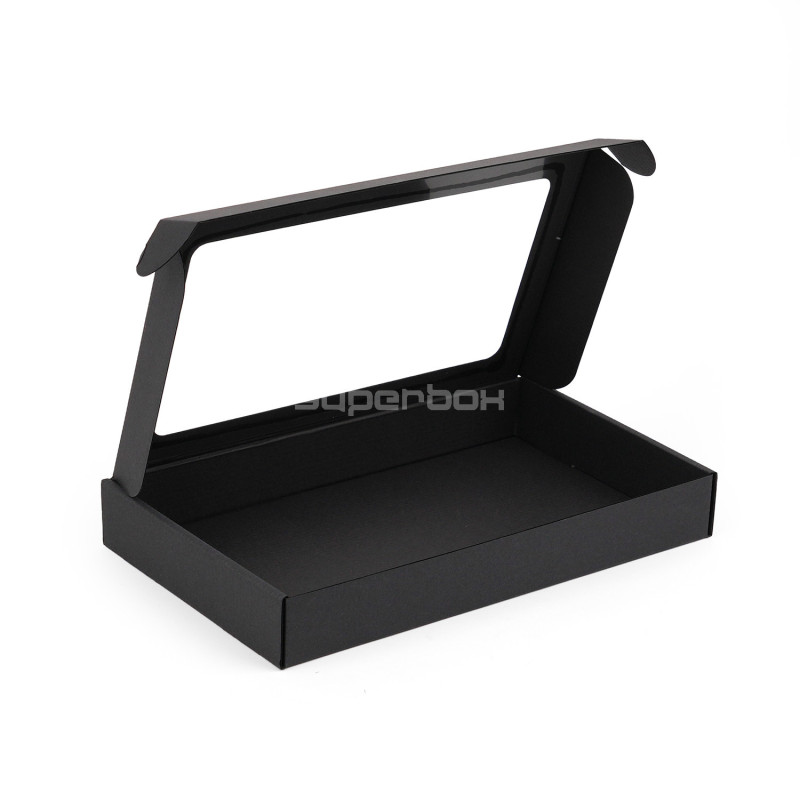 Чёрная подарочная коробка низкой высоты с ПВХ-окошком