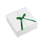 Square white double door box with dark green ribbon, 220x220x90 mm