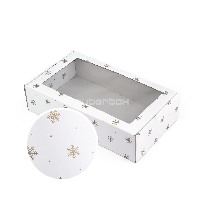 White gift box with gold snowflakes and window, 340x195x85 mm