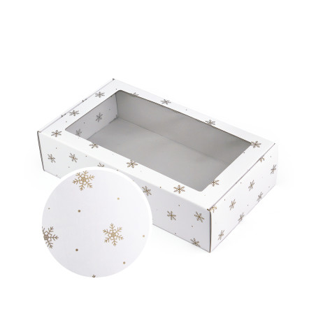 White gift box with gold snowflakes and window, 340x195x85 mm