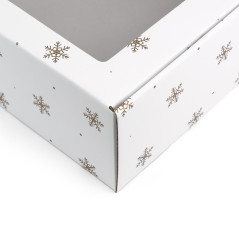 White gift box with gold snowflakes and window, 340x195x85 mm