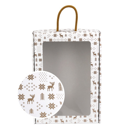White suitcase style gift box with winter patterns and window, 240x350x90 mm