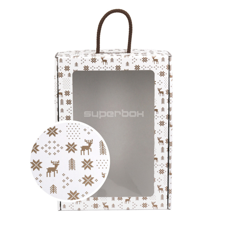 White suitcase style gift box with winter patterns and window, 240x350x90 mm White suitcase style gift box with winter patterns and window, 240x350x90 mm