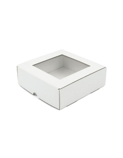 Balta kvadratinė dėžutė su langeliu arbatai iš mikrogofros