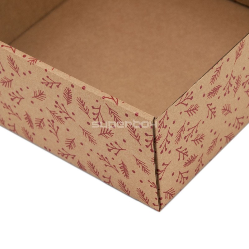 Brown Large Square Gift Box with Clear Window RED BERRIES