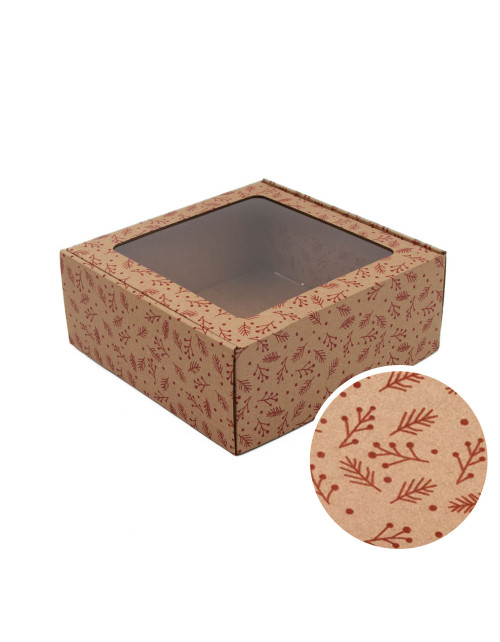 Kvadratinė ruda L dydžio dovanų dėžė su langeliu RAUDONOS UOGOS