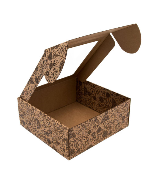Kvadratinė ruda L dydžio dovanų dėžė su langeliu RUDI ELNIUKAI