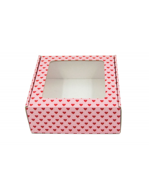Valentino dienos rožinė dovanų dėžutė su langeliu ir širdelių dizainu