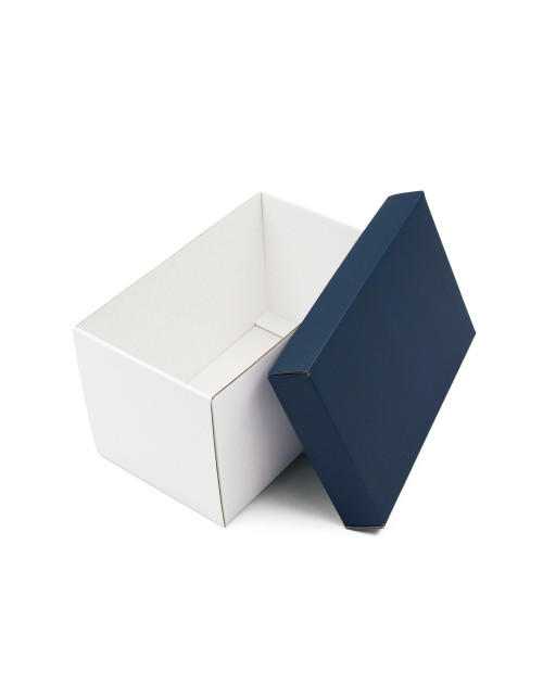 Balta labai gili dovanų dėžutė su mėlynu dangteliu