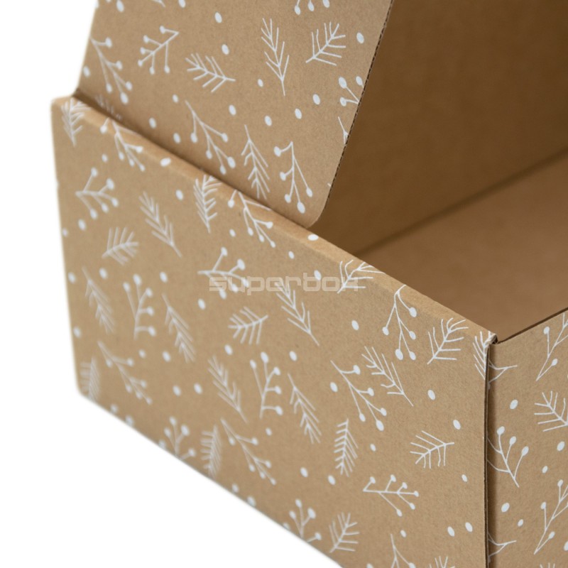 Brown A5 Size Gift Box with Clear Window and White Berry Pattern