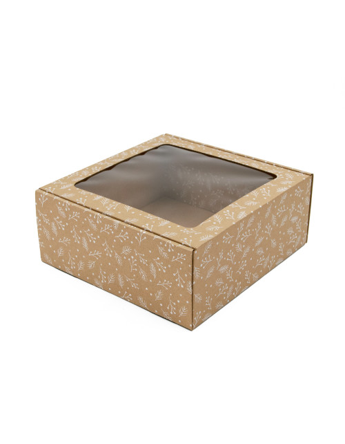 Brown Large Square Gift Box with Clear Window WHITE BERRIES