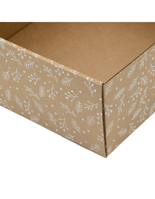 Kvadratinė ruda L dydžio dovanų dėžė su langeliu BALTOS UOGOS