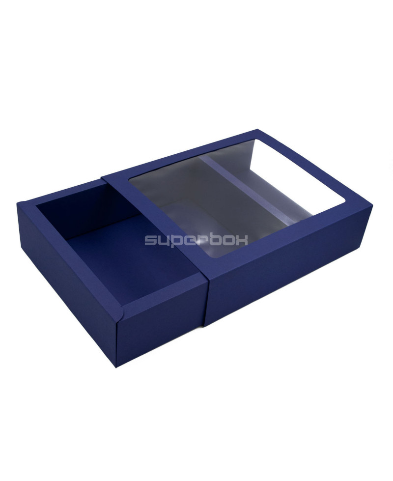 Zilā luksusa Matchbox stila dāvanu kaste ar logu