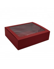 Raudona prabangi kartono dėžutė su įmaute ir langeliu