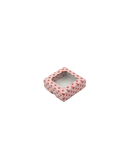 Rozā mini kastīte no gofrēta kartona un sirsniņu rakstu ar lodziņu