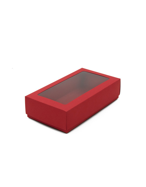Raudona dviejų dalių kartono dėžutė su langeliu