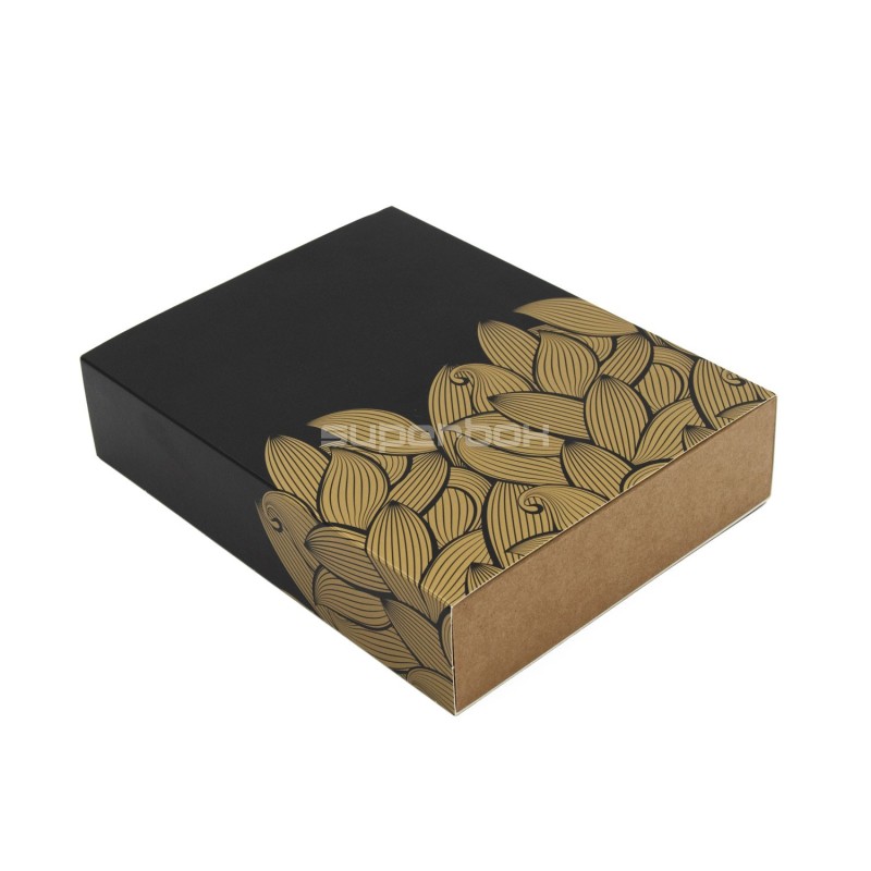 Gift Box with Black Sleeve and Gold Leaf Pattern