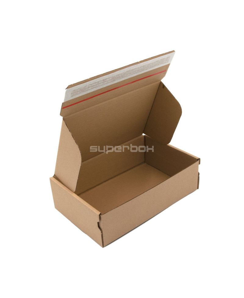 Brown box with tear-off adhesive tape made of corrugated cardboard