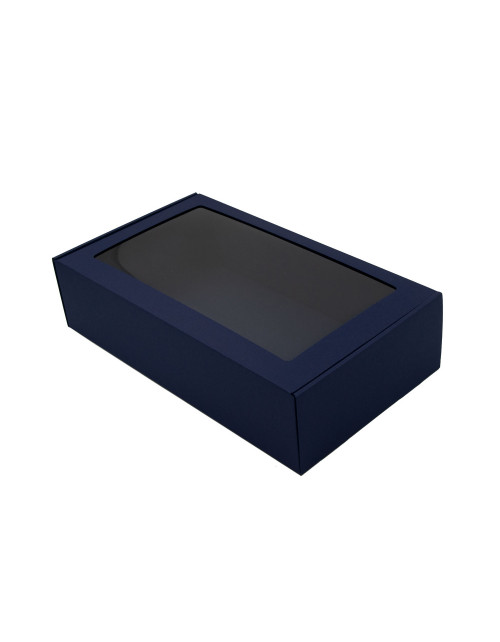 Mėlyna dovanų dėžutė su skaidriu langeliu