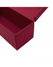 Horizontali tamsiai raudona pailga dėžė vyno buteliui atverčiamu dangteliu