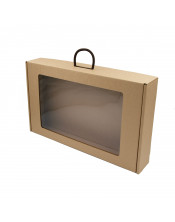 Brown Large Gift Box of Suitcase Type with Textile Handle and Transparent Window