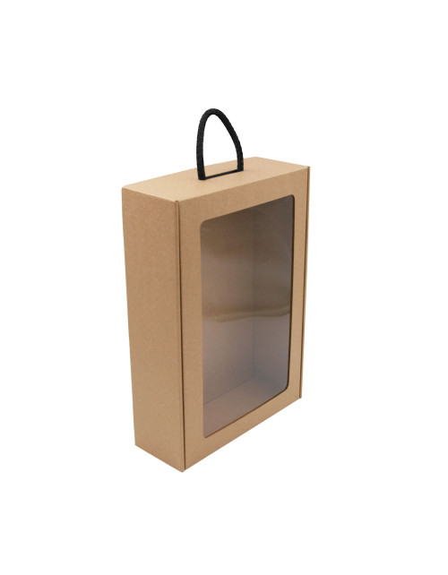 Brūna čemodāna stila dāvanu kastīte ar taisnstūra logu