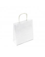 Baltas nedidelis popierinis maišelis su suktomis popierinėmis rankenėlėmis