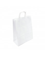Baltas popierinis maišelis su suktomis popierinėmis rankenėlėmis