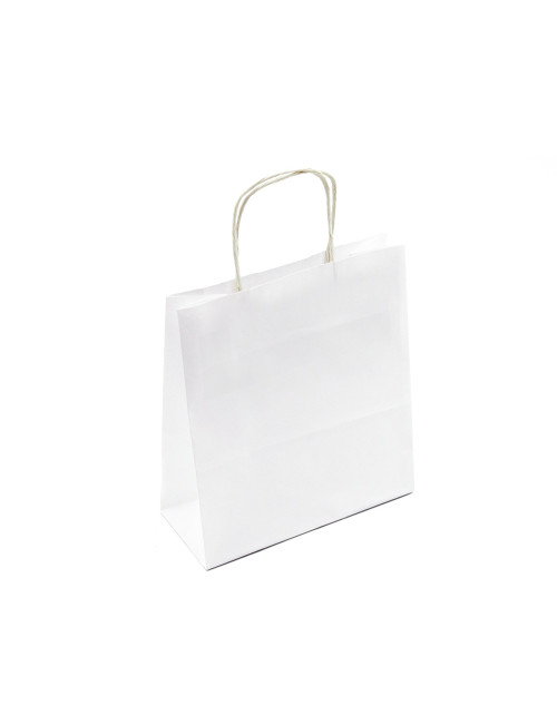 Baltas nedidelis popierinis maišelis su suktomis popierinėmis rankenėlėmis