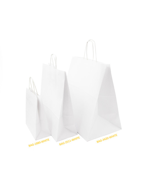 Baltas popierinis maišelis su suktomis popierinėmis rankenėlėmis