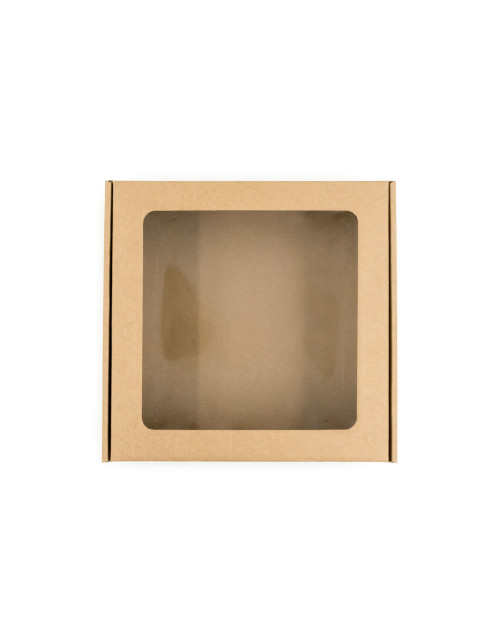 Kvadratinė ruda L dydžio dovanų dėžė su langeliu