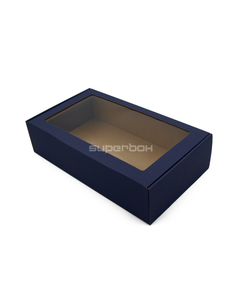 Tamsiai mėlyna dovanų dėžutė su skaidriu langeliu