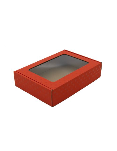 Raudona dovanų dėžutė su langeliu ir širdutėmis, 5 cm aukščio