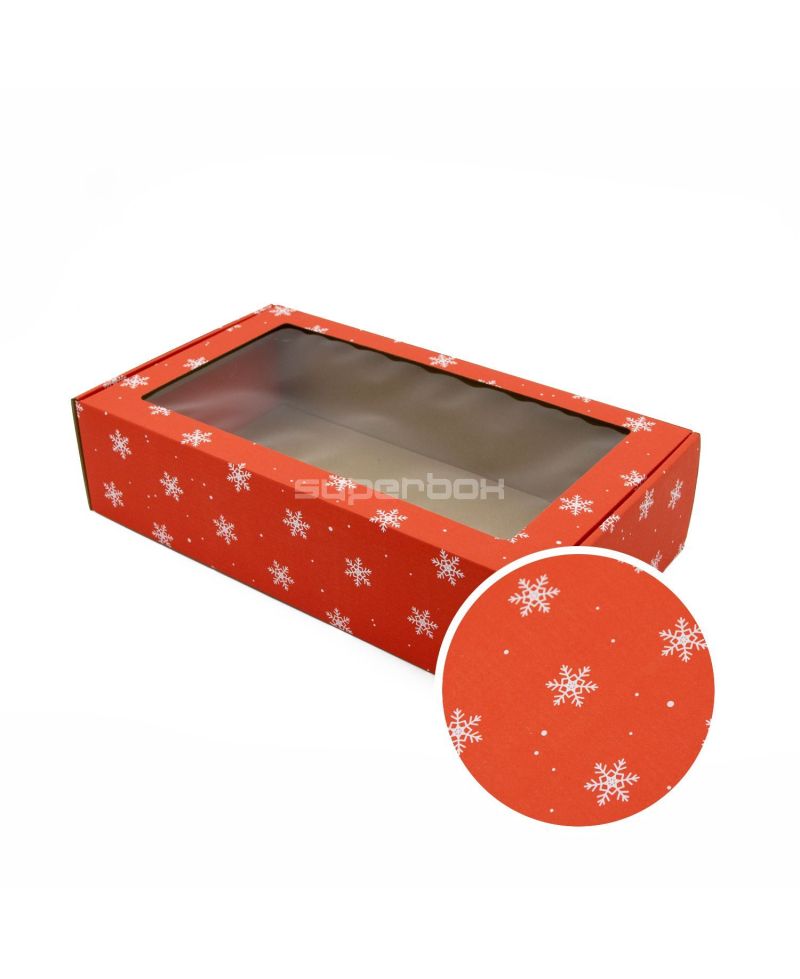 Raudonos spalvos prailginta PREMIUM dovanų dėžutė  su langeliu ir snaigių raštu
