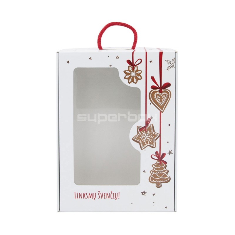 White Gift Box with Window, Handle and Red Christmas Pattern