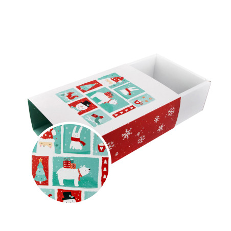 Christmas gift box with a pull-out drawer and festive illustrations - side view