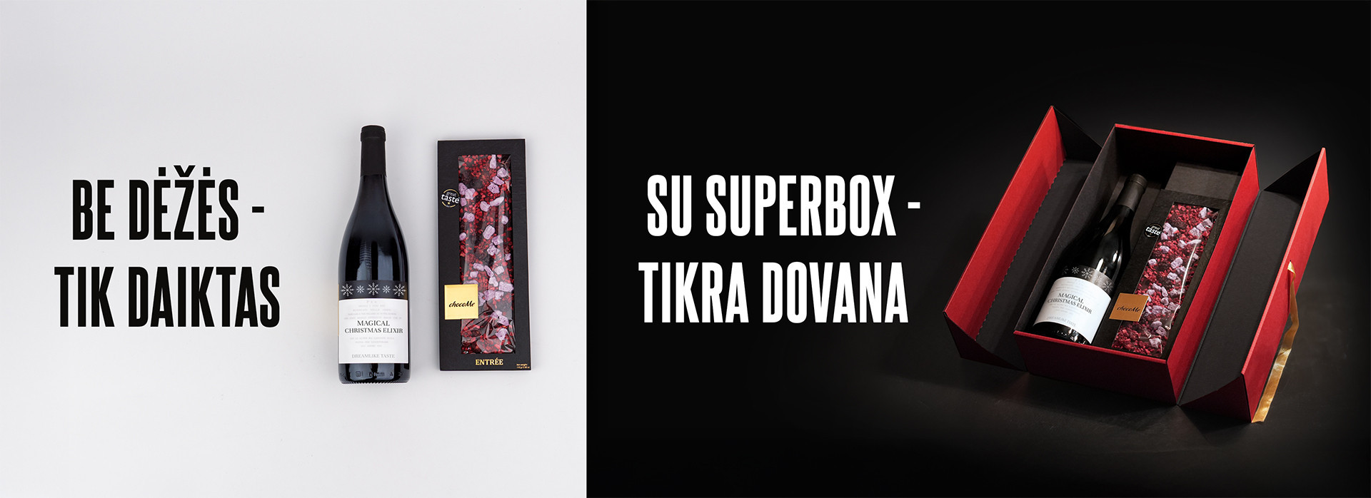 Į dvi puses padalintas vaizdas: daiktai, užrašas „Be dėžės tik daiktas“, dovanų rinkinys, užrašas „su SUPERBOX tikra dovana“